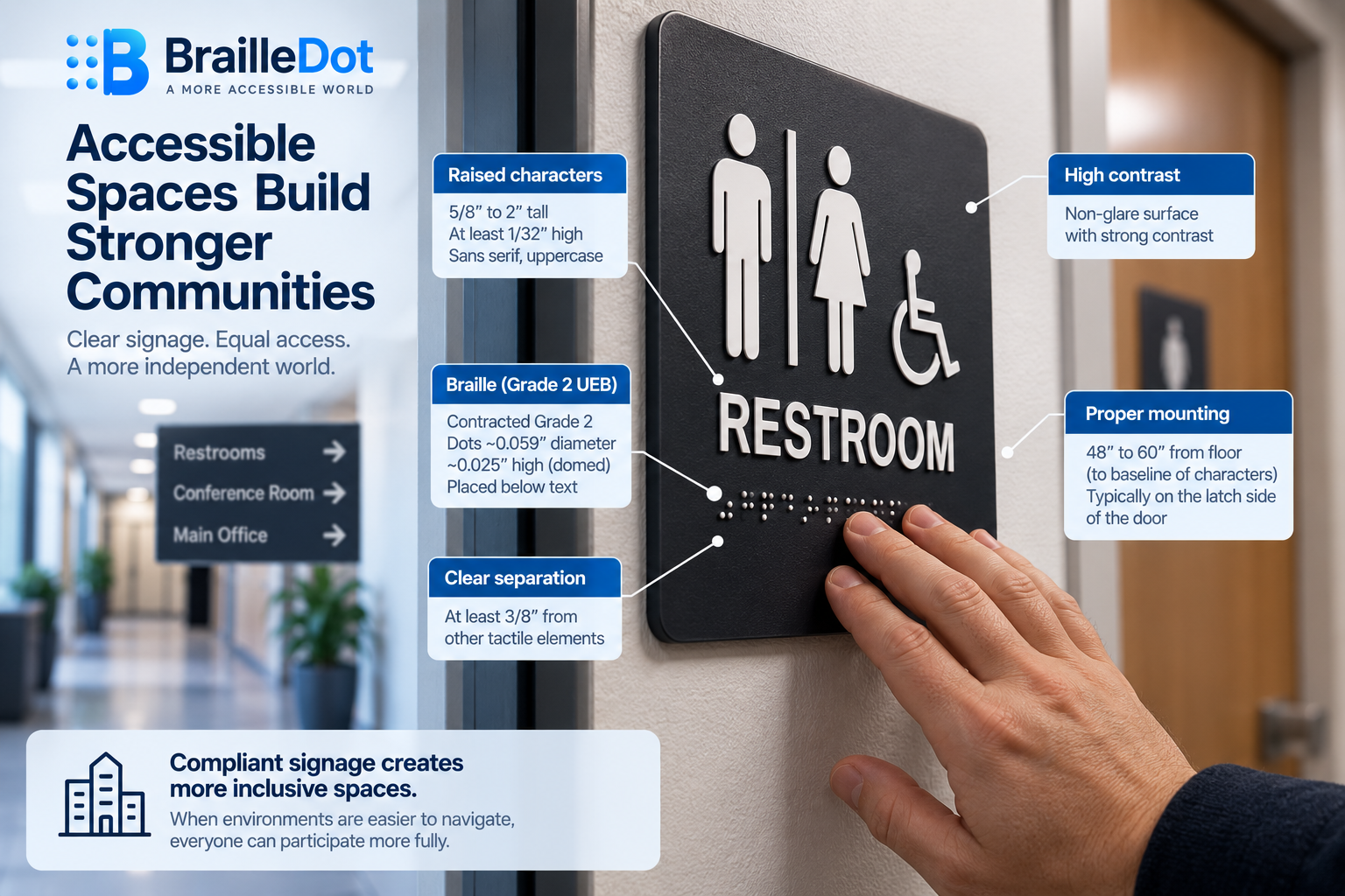 ADA compliant braille signage showing raised lettering, tactile symbols, and braille placement
