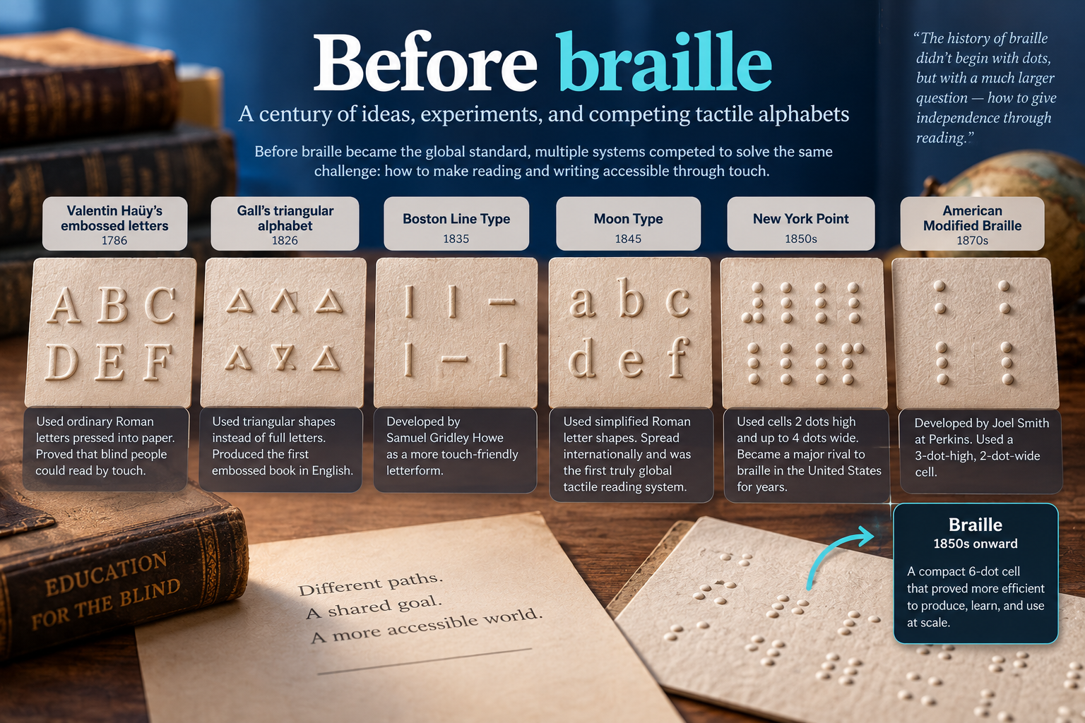 Historical tactile alphabets including embossed Roman letters, Moon Type, New York Point, and early braille systems