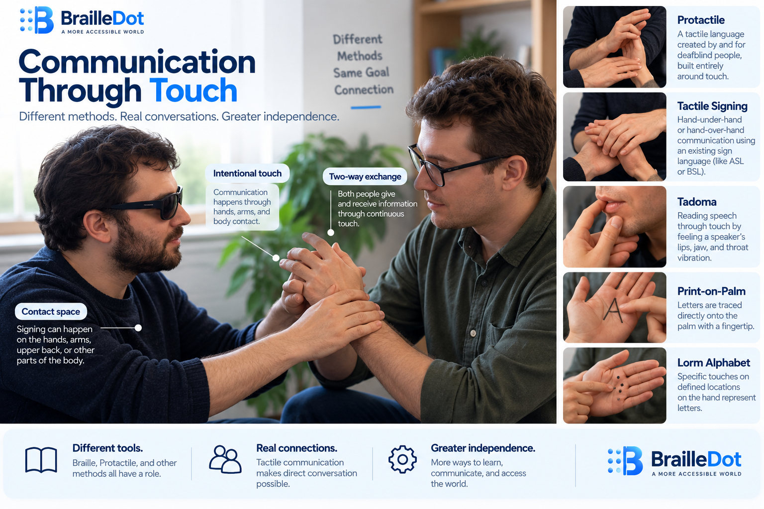 Two deafblind people communicating through tactile signing using touch-based hand and body contact