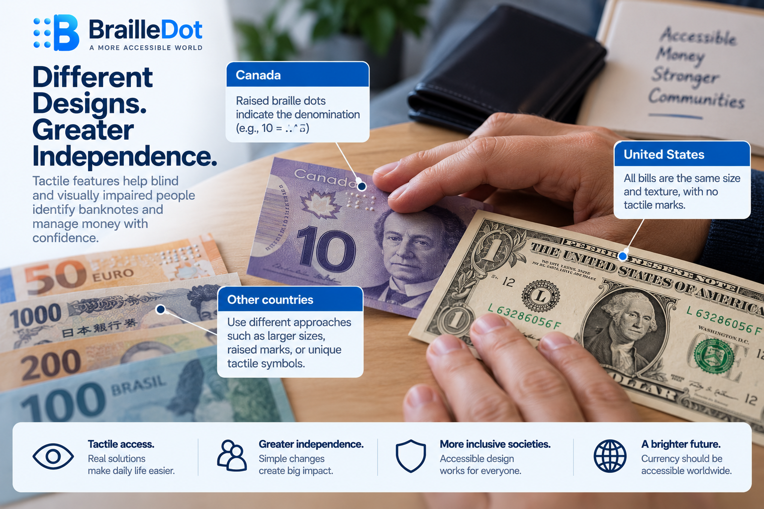 Tactile currency accessibility showing how raised marks and different banknote features help blind people identify denominations