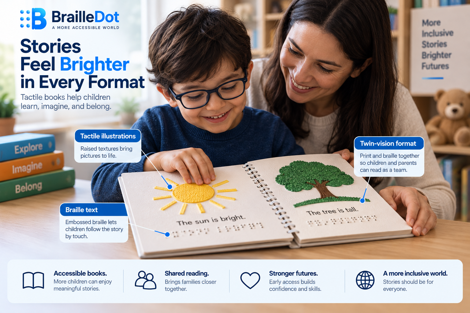 Tactile children's picture book showing raised illustrations and braille for a blind child